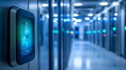 Fototapeta premium Access Detection Gadgets, Futuristic Security Pad in High-Tech Hallway with Blurred Glowing Panels