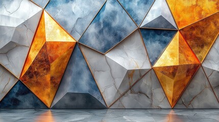 Abstract geometric wall design featuring gold and blue tones with a modern artistic flair