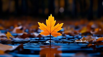 Single Bright Maple Leaf Floating on Calm Water Surface