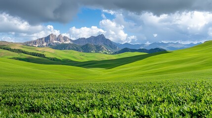 Fototapeta premium Vibrant green hills under a cloudy sky.