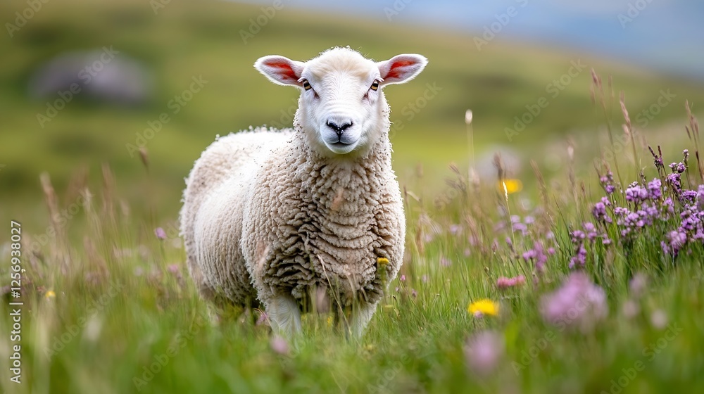 Poster fluffy white sheep grazing in a vibrant green field adorned with wildflowers : generative ai