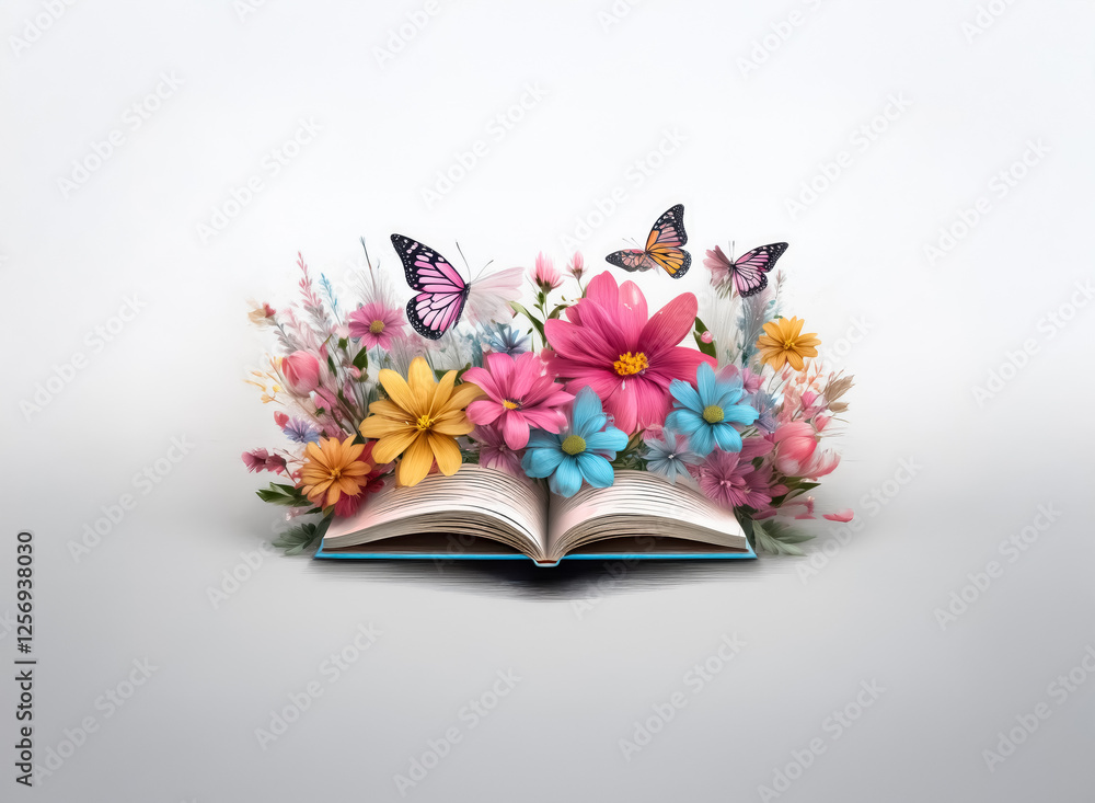 Poster an open book with colorful flowers blooming from its pages and butterflies fluttering above creates 