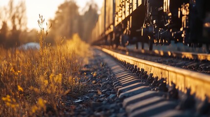 Obraz premium Golden Hour Train Tracks Surrounded by Wildflowers in an Idyllic Landscape : Generative AI