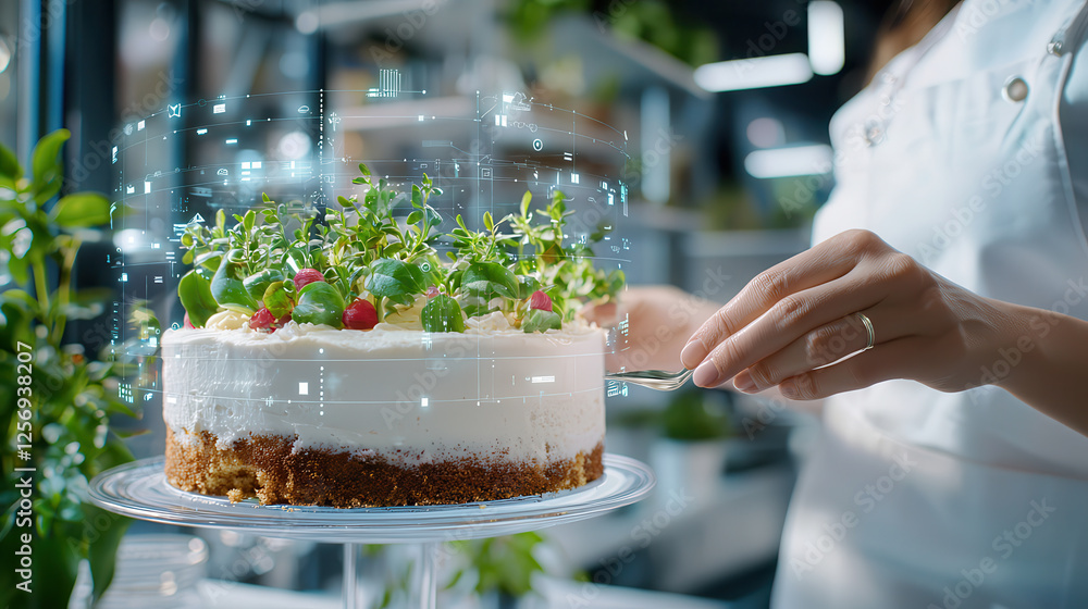 Aufkleber modern cake with digital customization features, decorated with fresh greens and berries, showcases 