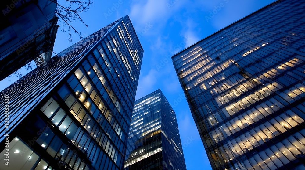 Aufkleber Modern cityscape with highrise buildings illuminated against a twilight sky : Generative AI
