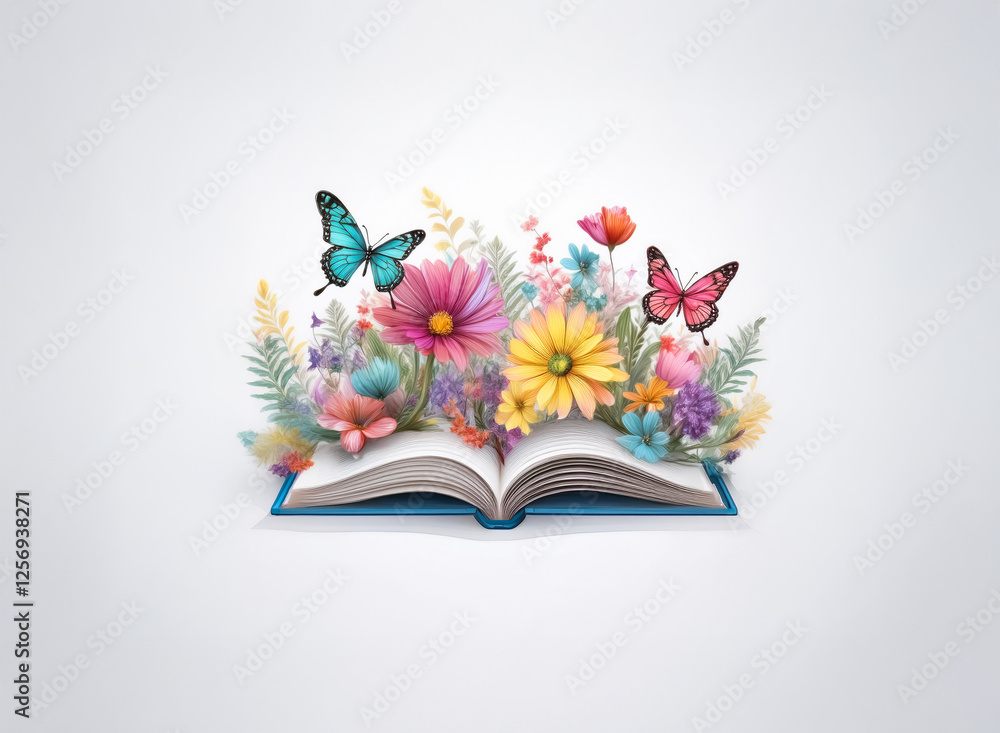 Poster open book with vibrant flowers and butterflies blooming from its pages, creating a colorful and imag