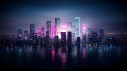 Fototapeta premium Night City Skyline With Neon Lights And Reflections