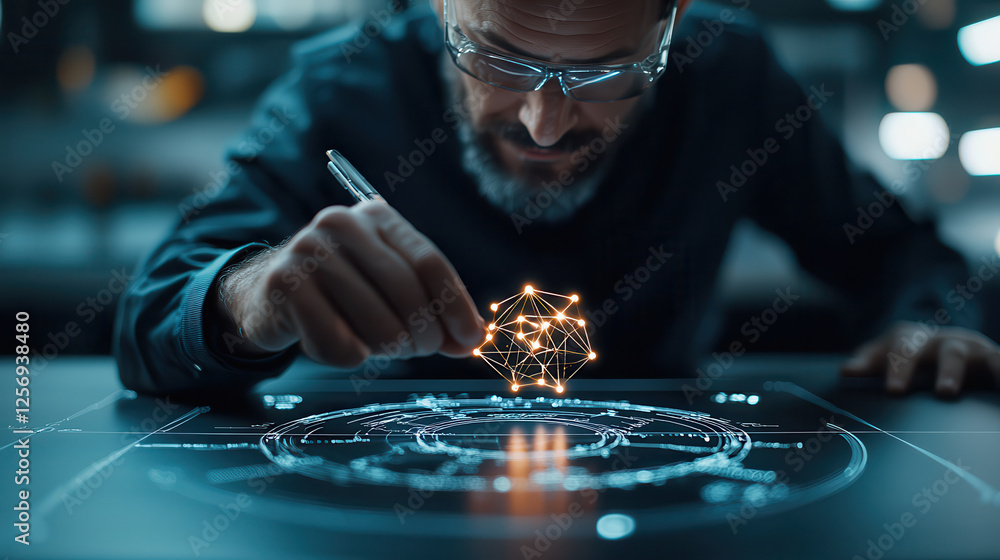 Fototapete Physicist manipulating floating holographic quantum equation, showcasing advanced technology and innovation in futuristic setting. scene captures moment of deep concentration and creativity