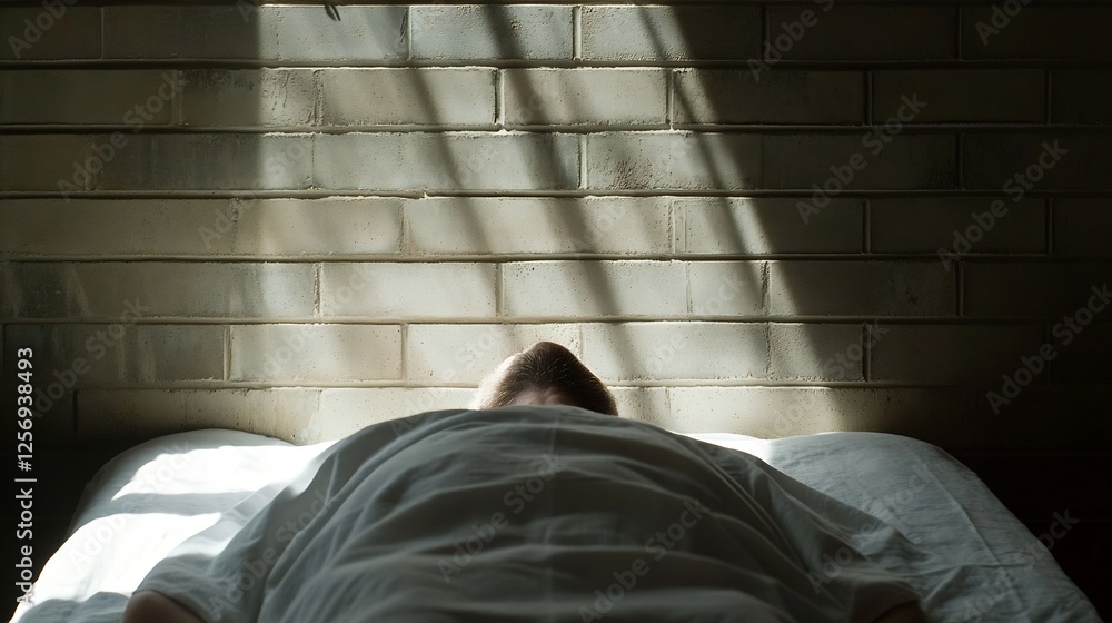 Poster solitary figure lying on a bed with soft light casting shadows on a brick wall : generative ai