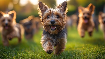 Happy Yorkshire Terriers Running Playfully in a Lush Green Park During Golden Hour