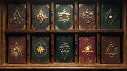 Mystical grimoires in wooden case; occult symbols; fantasy background; perfect for fantasy novels