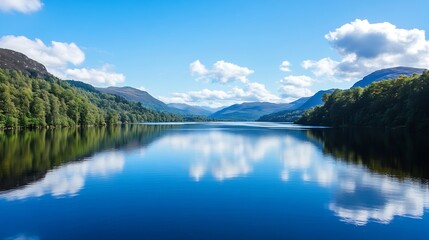 Tranquil lake reflecting blue sky and clouds surrounded by lush green forests in nature : Generative AI