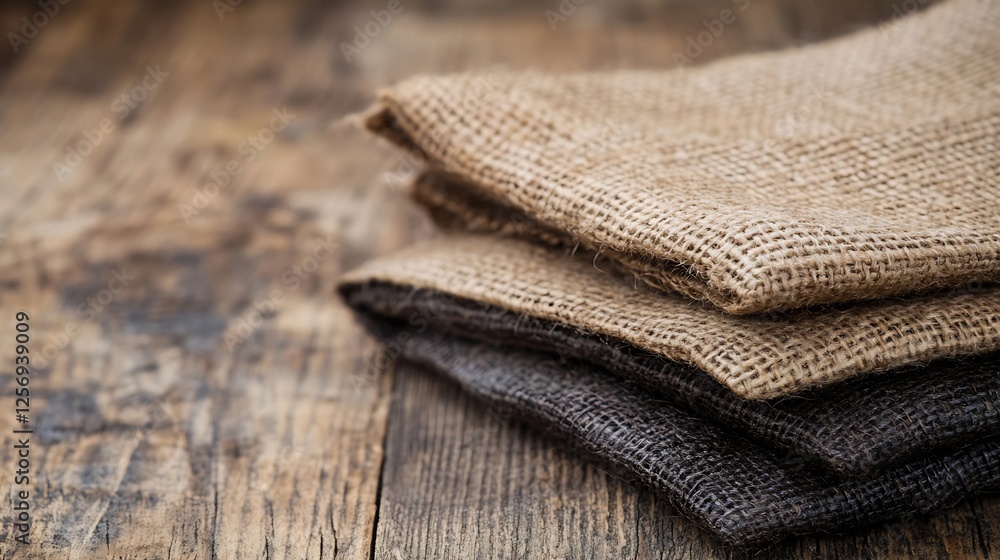 Poster Close up of natural burlap fabric rolls stacked on wooden surface for ecofriendly projects : Generative AI