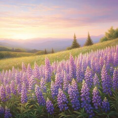 Obraz premium Serene Landscape of Lavender Fields Under a Colorful Sunset Sky