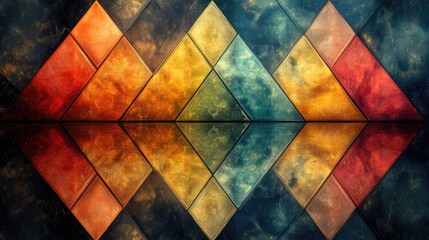 Colorful geometric patterns reflecting on a surface, creating a vibrant abstract art scene
