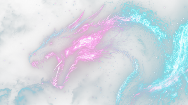 a dragon in the sky with a pink and blue tail