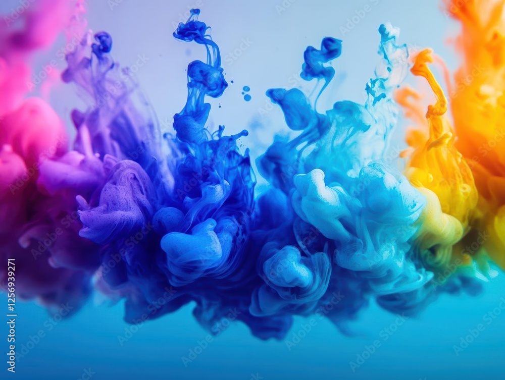 Poster Vibrant swirls of colorful paint mixing in clear water creating abstract art patterns