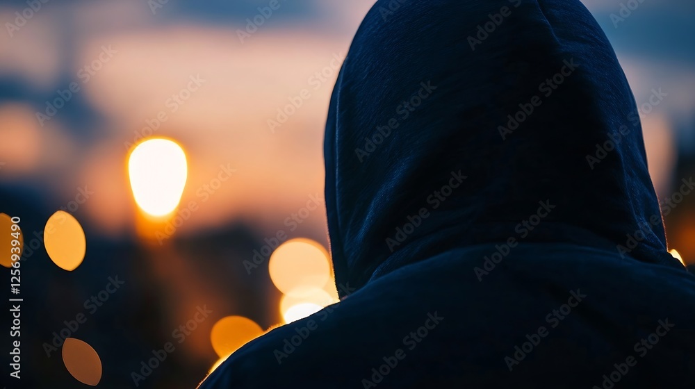 Poster silhouette of a person wearing a hoodie against a colorful blurred urban background during twilight 
