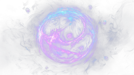 a purple and blue sphere with smoke swirling around it