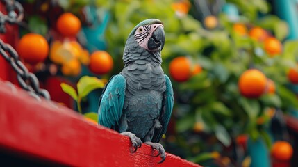 Blue-and-gold macaw perched on red structure, oranges background, Asian market setting,  stock photo