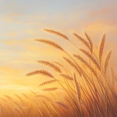 Golden Wheat Fields Against a Warm Sunset Sky in Pastel Hues