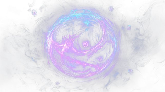 a purple and blue sphere with smoke swirling around it