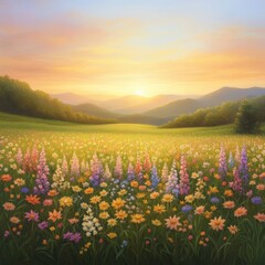Obraz premium Vibrant Landscape of Flowers Under a Colorful Sunset Sky