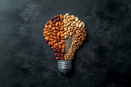 A nutritious light bulb shape created with almonds, walnuts, chia seeds, sunflower seeds, and dried fruits, representing a brain-boosting idea