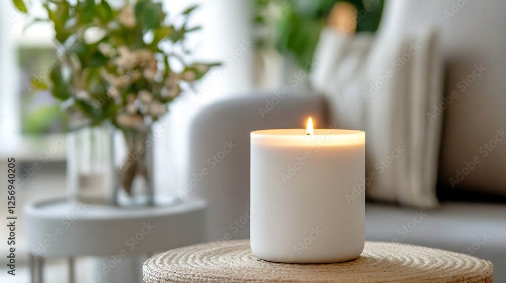 Poster a stylish white candle glowing softly on a natural woven table with beautiful greenery in the backgr
