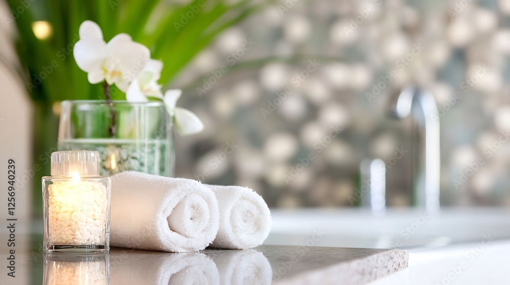 Poster a serene spa setup featuring soft towels soothing candles and elegant flowers for a relaxing ambianc