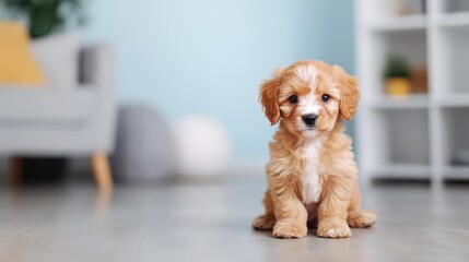 Small dog sitting on a wooden floor in a cozy indoor environment with soft lighting