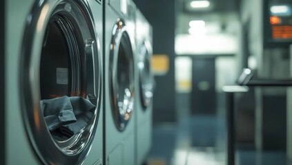 Clean Clothes Efficiently Spin in Modern Washers, a Laundry Facility's Quiet Hum, Offering a Convenient Service.