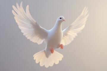 Obraz premium White Dove Soaring Gracefully, Symbolizing Peace and Hope, in Flight, Majestically, Serene. Bird's Wings with Beauty.