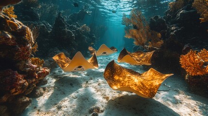 Underwater scene showcasing graceful rays gliding over sandy ocean floor amidst vibrant corals