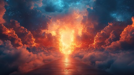 An ethereal glowing background featuring celestial gates and radiant divine hues