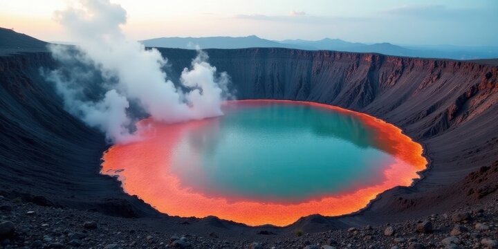 Volcanic Crater Lake with Steaming Fumaroles at Dawn A Breathtaking View of Nature's Fiery Beauty