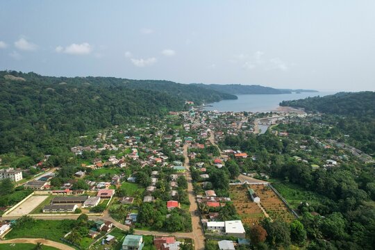 Aerial view from Santo Antonio city, the capital of Ilha do Principe, with the sea in the background
