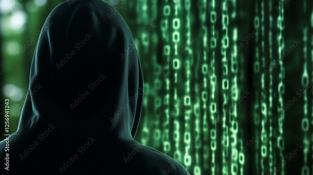 Poster A mysterious figure in a hoodie stands against a backdrop of green binary code representing the digital world : Generative AI