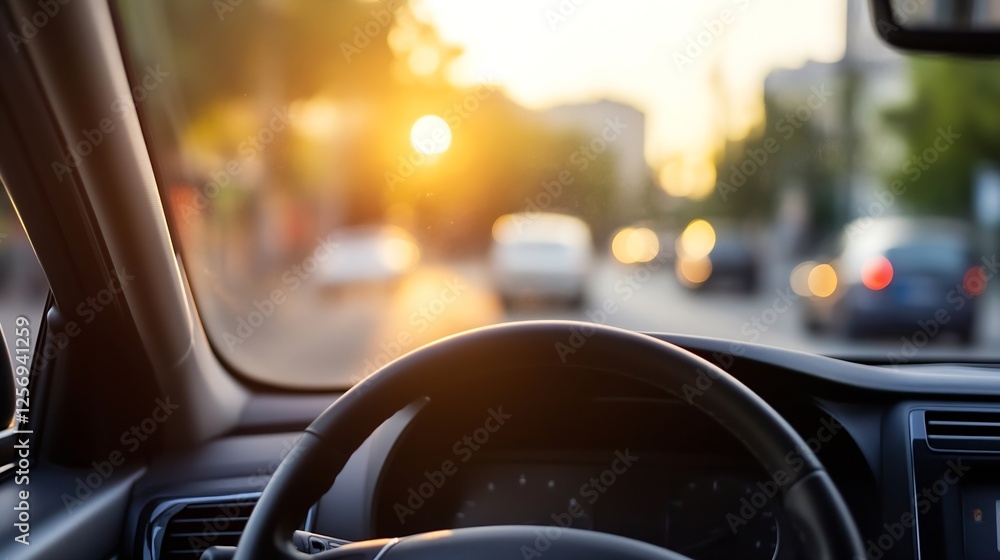 Poster a scenic view from the driver's perspective during sunset highlighting a busy street atmosphere : ge