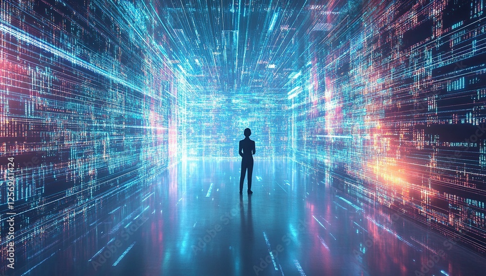 Poster exploring the digital universe: a journey into the metaverse of data and information streams.