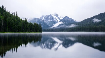 Majestic Mountain Range Reflected in a Peaceful Lake Surrounded by Lush Forest : Generative AI