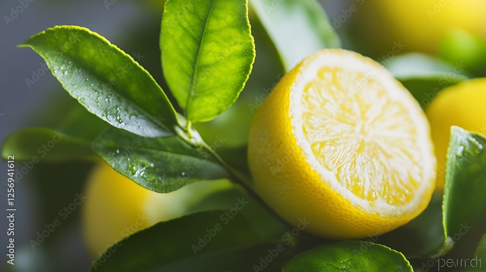 Poster freshly cut lemon slices with vibrant green leaves in a natural setting : generative ai