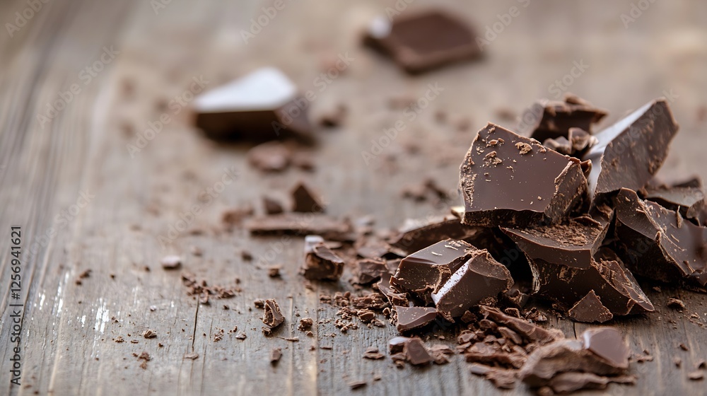 Poster chunks of rich dark chocolate pieces scattered on rustic wooden surface : generative ai