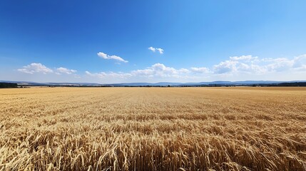 Vast golden wheat field under a bright blue sky with fluffy clouds in a picturesque rural landscape : Generative AI