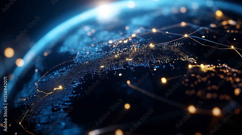 Poster stunning closeup of a digital earth with glowing connections and a rich color palette of blue and go