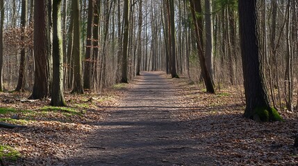 Fototapeta premium Idyllic forest pathway surrounded by tall trees casting shadows on a tranquil nature trail : Generative AI