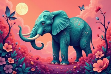 Serene Teal Elephant Amidst a Vibrant Floral Landscape Under a Tranquil Moon
