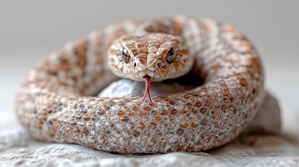 Naklejka premium Close-up of a coiled snake resting on a smooth surface, showcasing intricate scales and tongue flicking