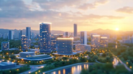 Obraz premium Modern City Skyline with Sunset Glow and Urban Landscape View