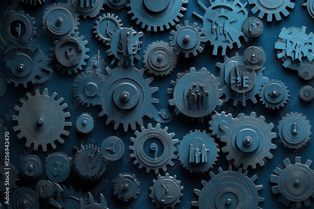 Poster interlocking gears: system mechanics & teamwork symbolize efficiency & collaboration in complex proc